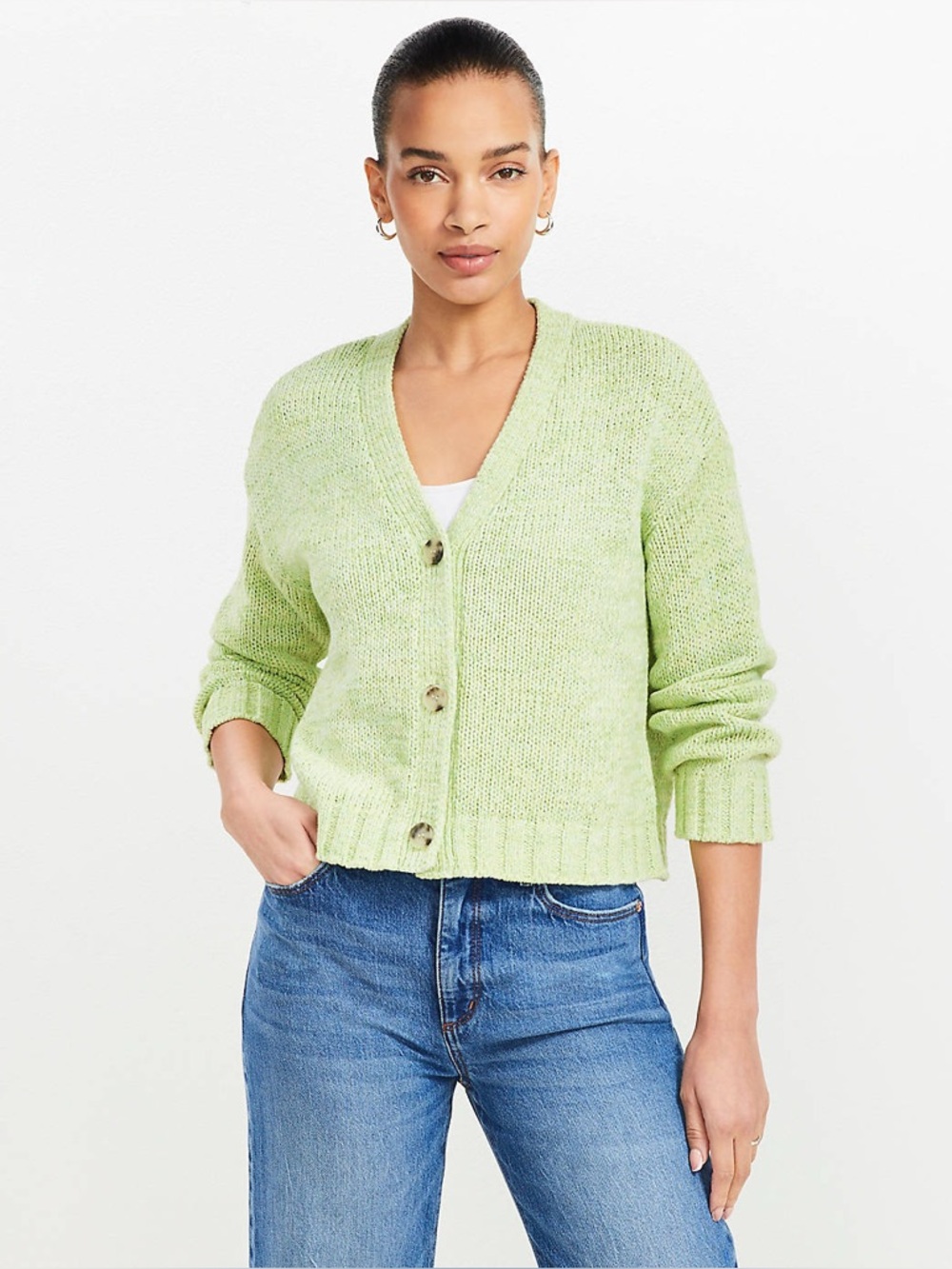 LOFT Marled Easy V-Neck Cardigan Button Front Sweater Fairy Boho Size XL NEW